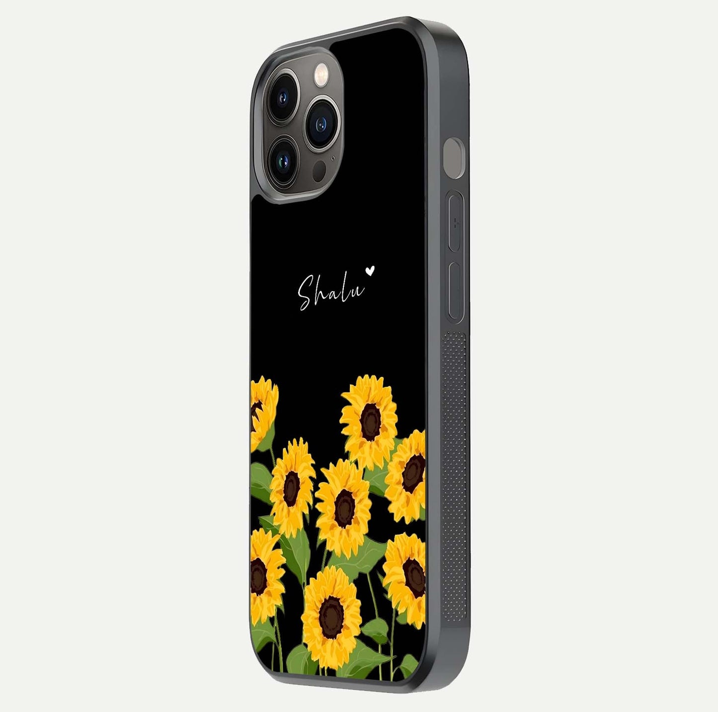 Sunflower Chic Mood Custom Name Glass Case for iPhone 12 Pro Max side-angle image showing reflection and yellow floral tone