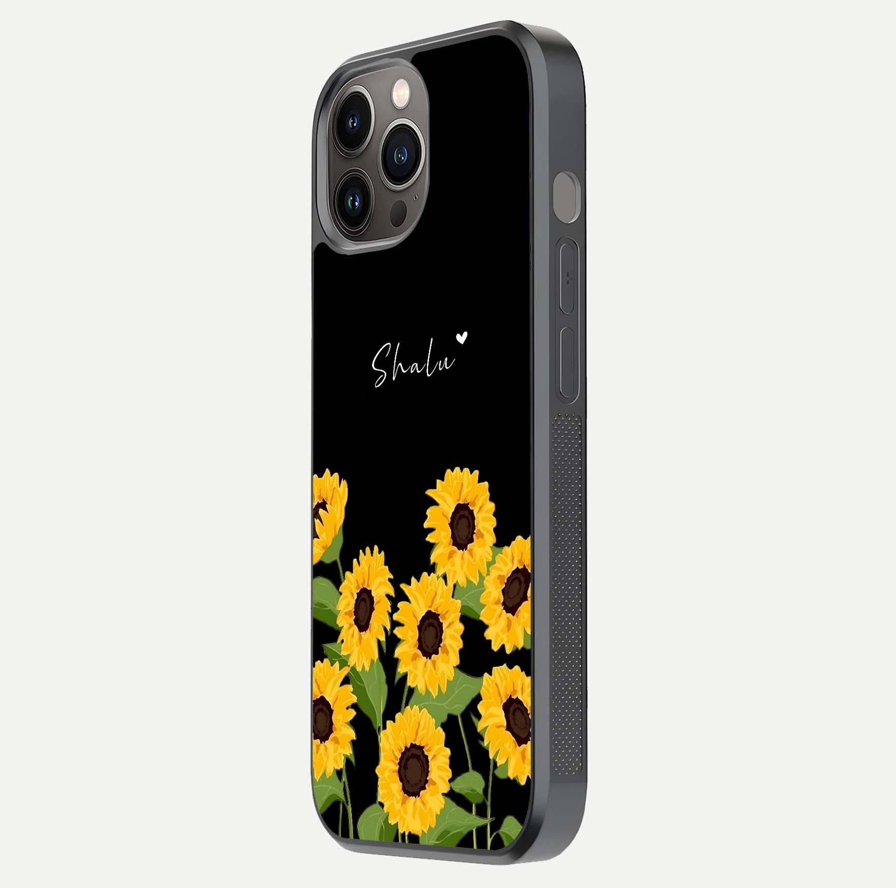 Sunflower Chic Mood Custom Name Glass Case for iPhone 12 Pro Max side-angle image showing reflection and yellow floral tone