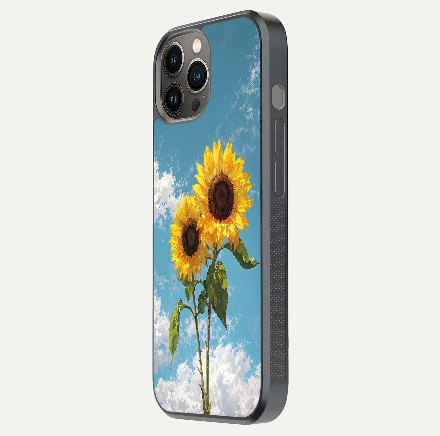 Sunflower Sky Bloom Glass Case for iPhone 12 Pro Max side-angle image showing reflection, edges, and sunflower color