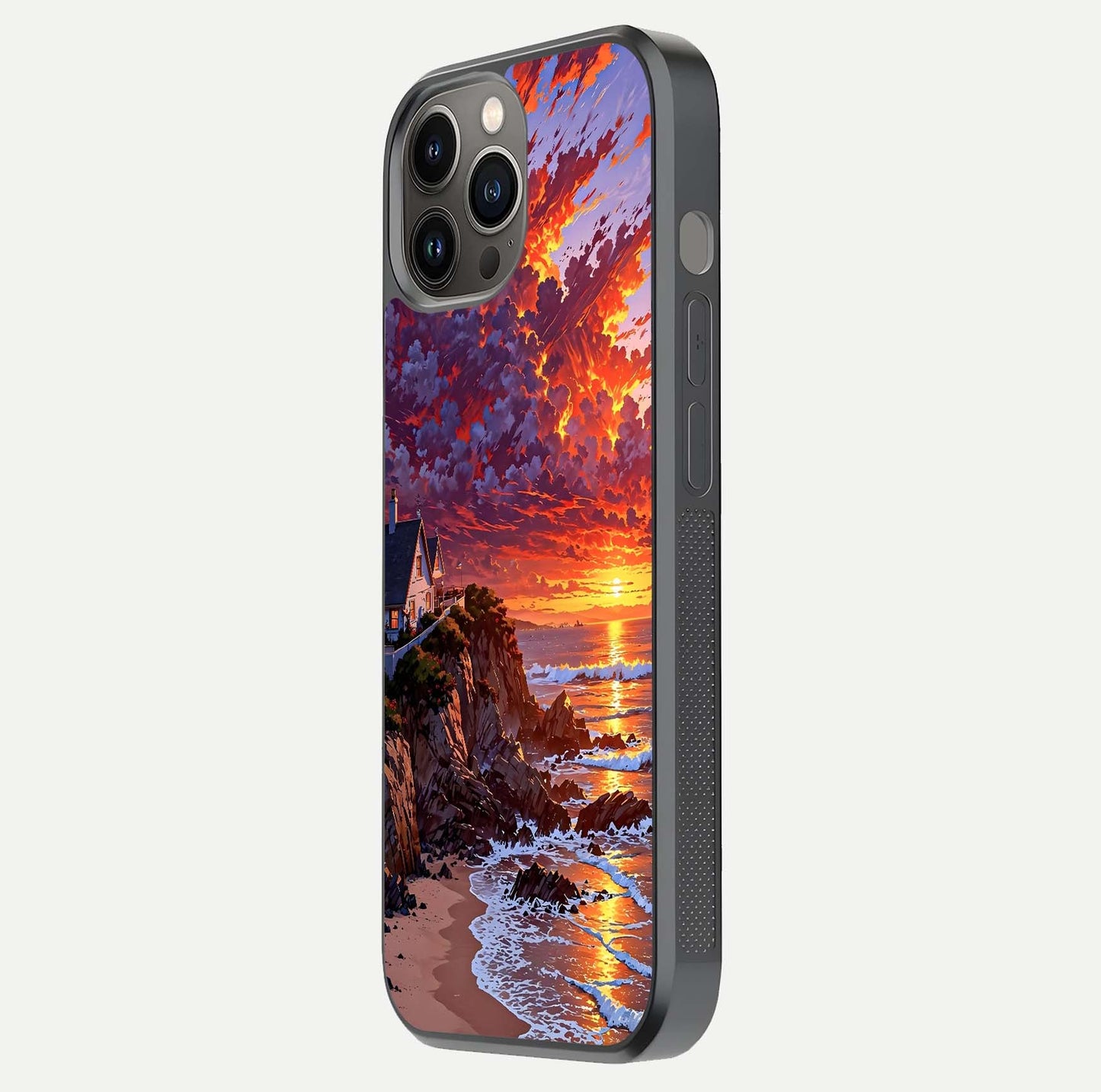 Sunset House by Sea Glass Case for iPhone 12 Pro Max side-angle image showing reflection and seaside color tone