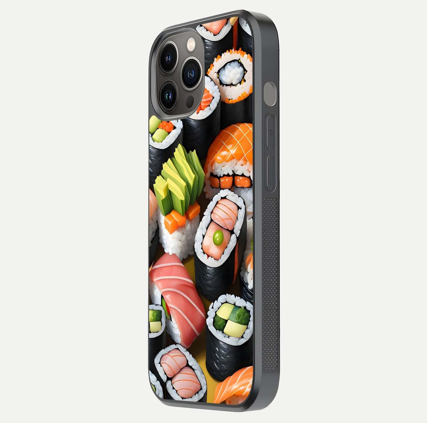 Sushi Food Pattern Glass Case for iPhone 12 Pro Max side-angle image showing shine, gloss, and sushi artwork
