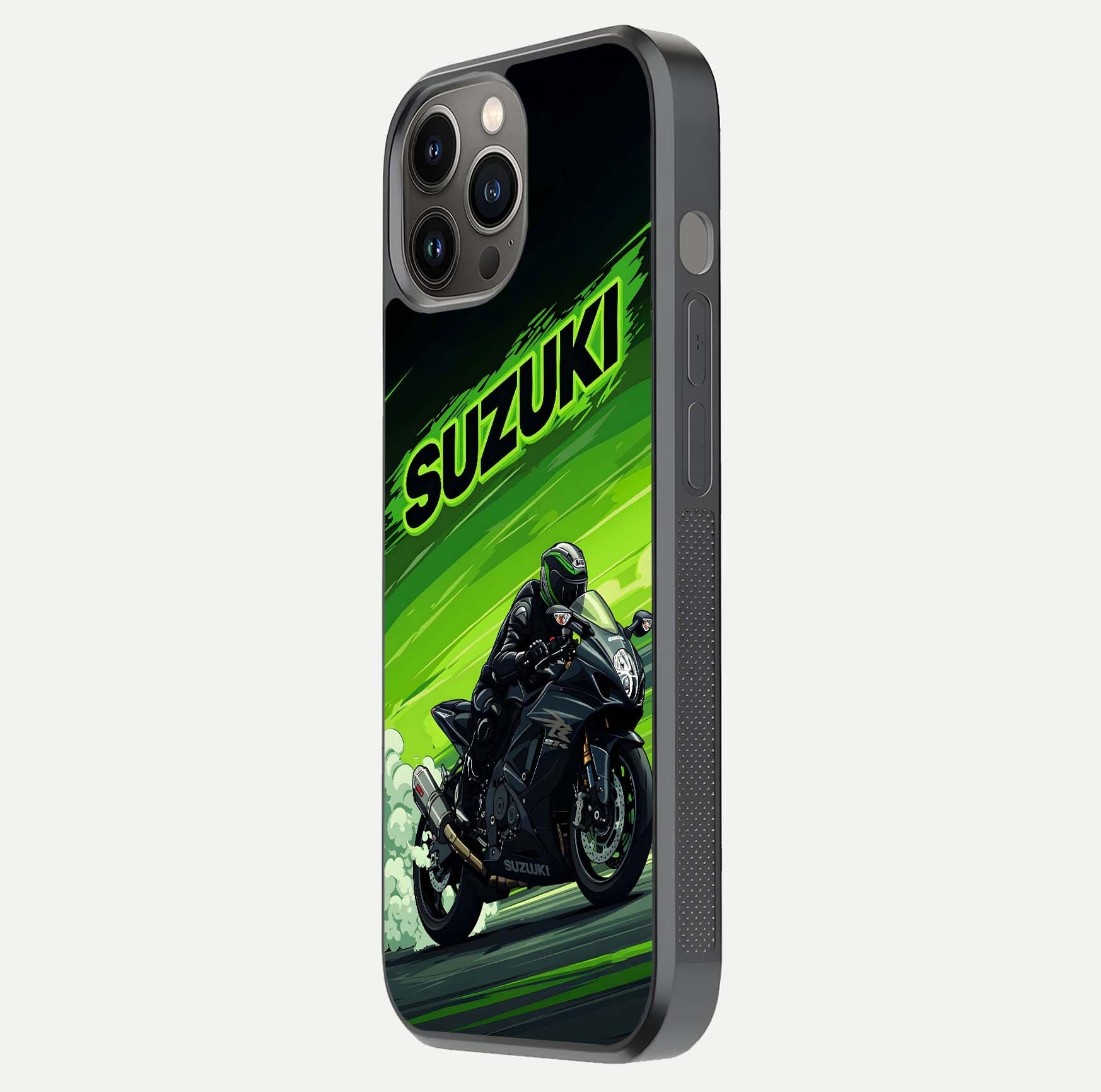 Suzuki Speed Beast Glass Case for iPhone 12 Pro Max side-angle image showing reflection, gloss, and car detailing