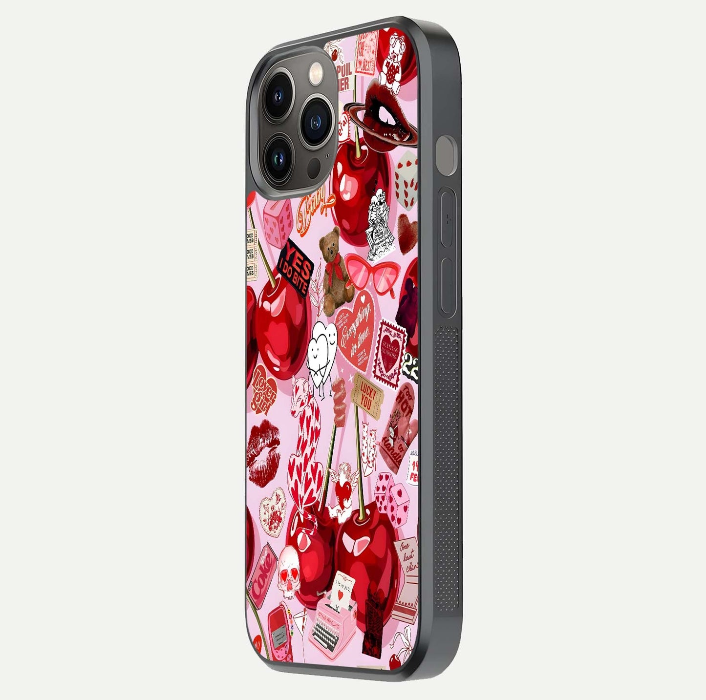 Sweet Cherry Chaos Glass Case for iPhone 12 Pro Max side-angle image showing shine, gloss, and cherry details