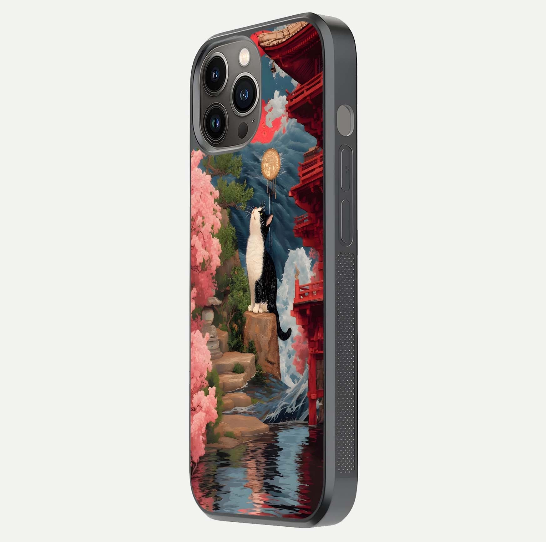 Temple Cat Scenery Glass Case for iPhone 12 Pro Max side-angle image showing shine and printed temple pattern