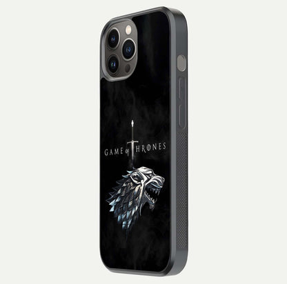 Throne Wolf Legacy Glass Case for iPhone 12 Pro Max side-angle image showing gloss, texture, and HD print