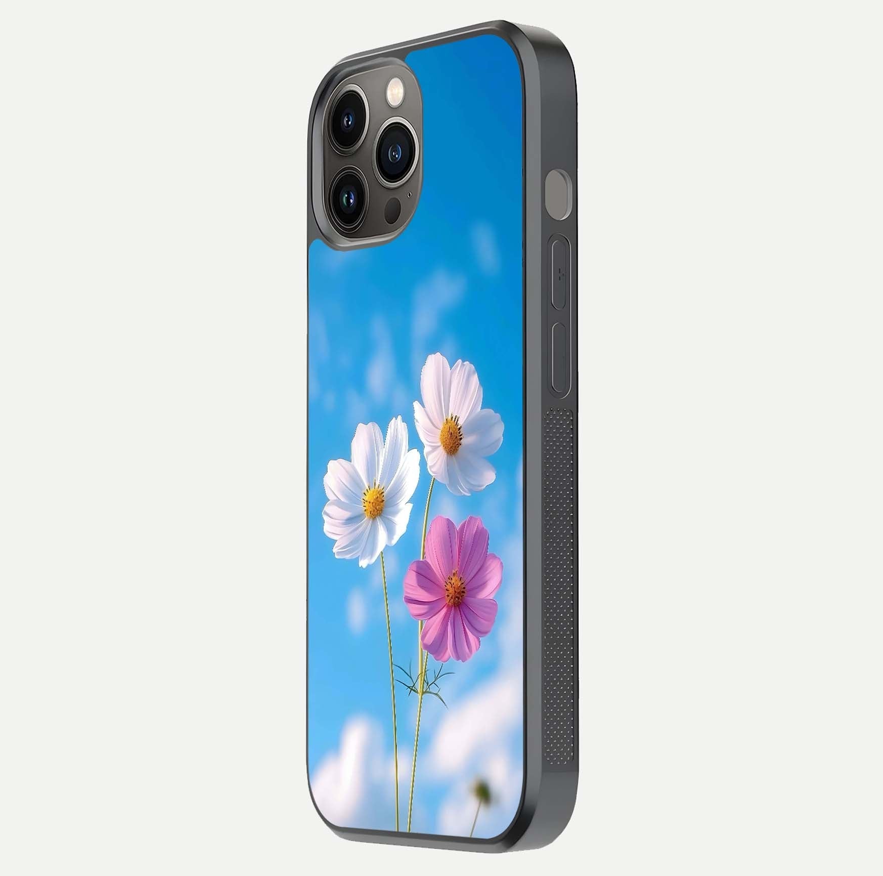 Triple Flowers With Sky Glass Case for iPhone 12 Pro Max side-angle image showing gloss, texture, and floral design