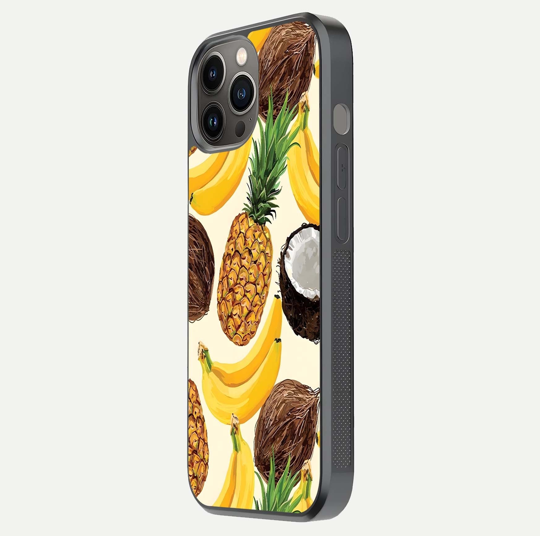 Tropical Fruit Mood Glass Case for iPhone 12 Pro Max side-angle image showing reflection, gloss, and fruit details
