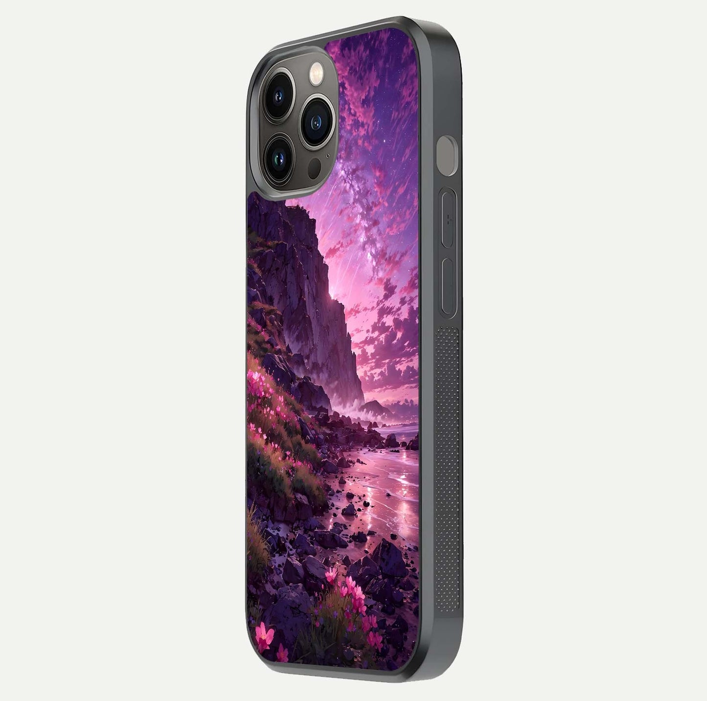 Twilight Blossom Coast Glass Case for iPhone 12 Pro Max side-angle image showing shine, reflection, and petal tone