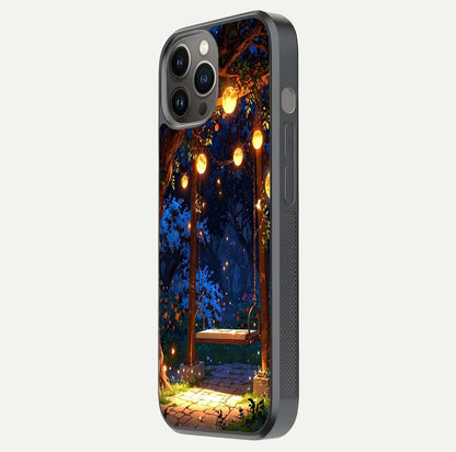 Twilight Garden Swing Glass Case for iPhone 12 Pro Max side-angle image showing reflection, gloss, and scenic depth