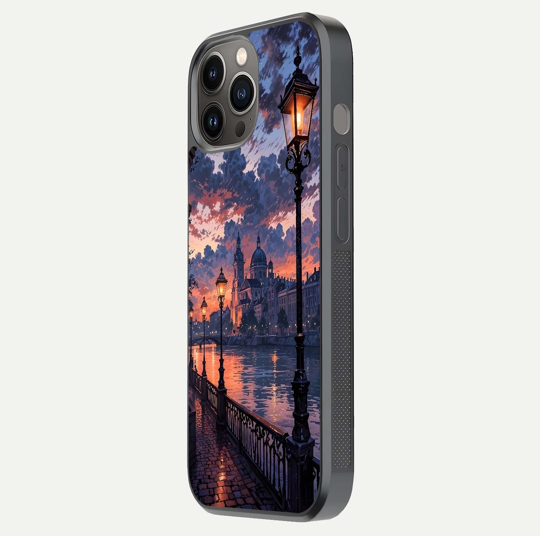 Twilight River Lights Glass Case for iPhone 12 Pro Max side-angle image showing reflections, lighting, and gradient tones