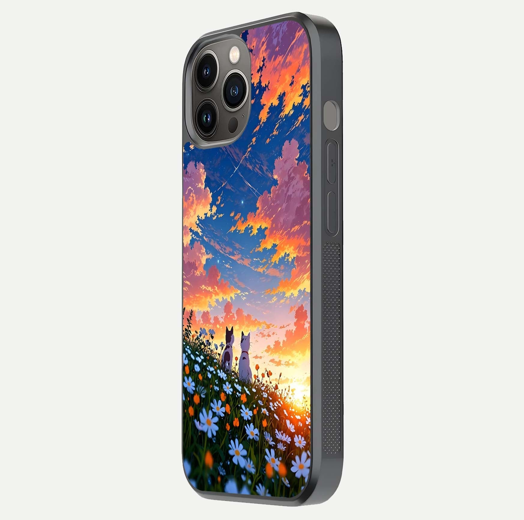 Two Cats Friends Glass Case for iPhone 12 Pro Max side-angle image showing reflection, gloss, and color depth