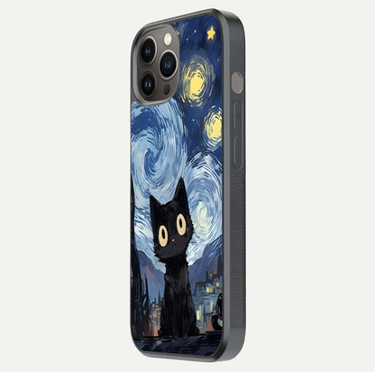 Van Gogh Cat Glass Case for iPhone 12 Pro Max side-angle image showing light reflection and vivid artwork