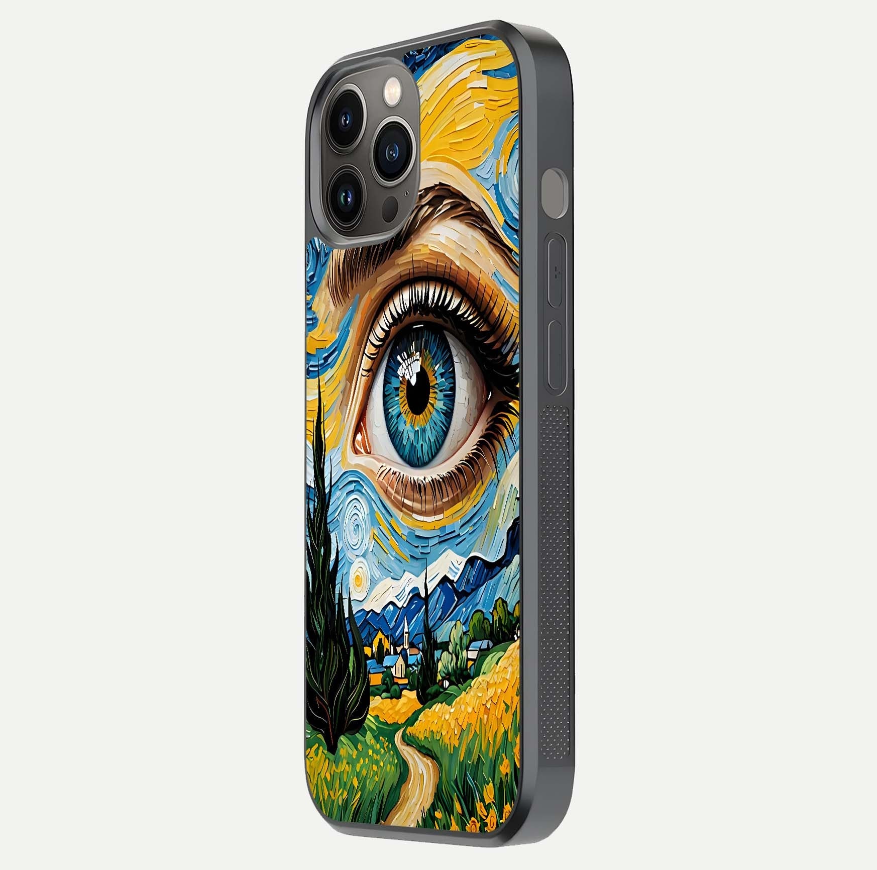 Van Gogh Eye Glass Case for iPhone 12 Pro Max side-angle image showing reflection, gloss, and artistic contrast