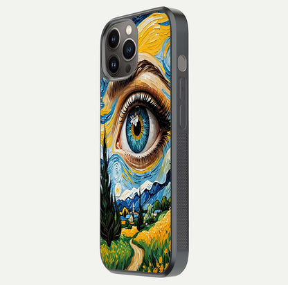 Van Gogh Eye Glass Case for iPhone 12 Pro Max side-angle image showing reflection, gloss, and artistic contrast