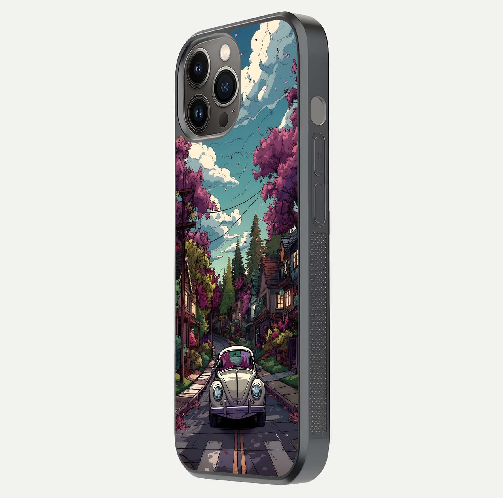 Vintage Street Drive Glass Case for iPhone 12 Pro Max side-angle image showing gloss reflection and design detail