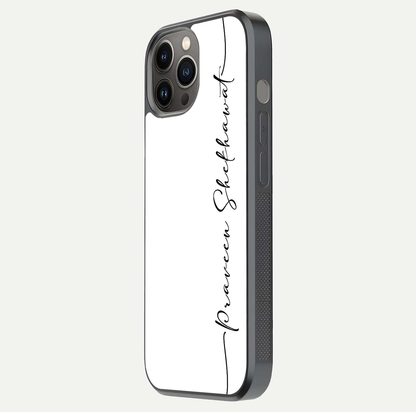 White Tune Custom Name Glass Case for iPhone 12 Pro Max side-angle image showing shine, gloss, and minimal tone