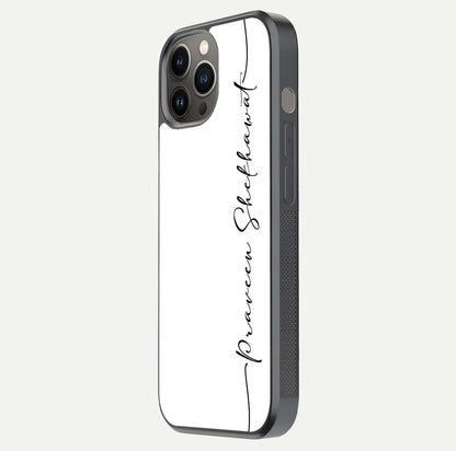 White Tune Custom Name Glass Case for iPhone 12 Pro Max side-angle image showing shine, gloss, and minimal tone