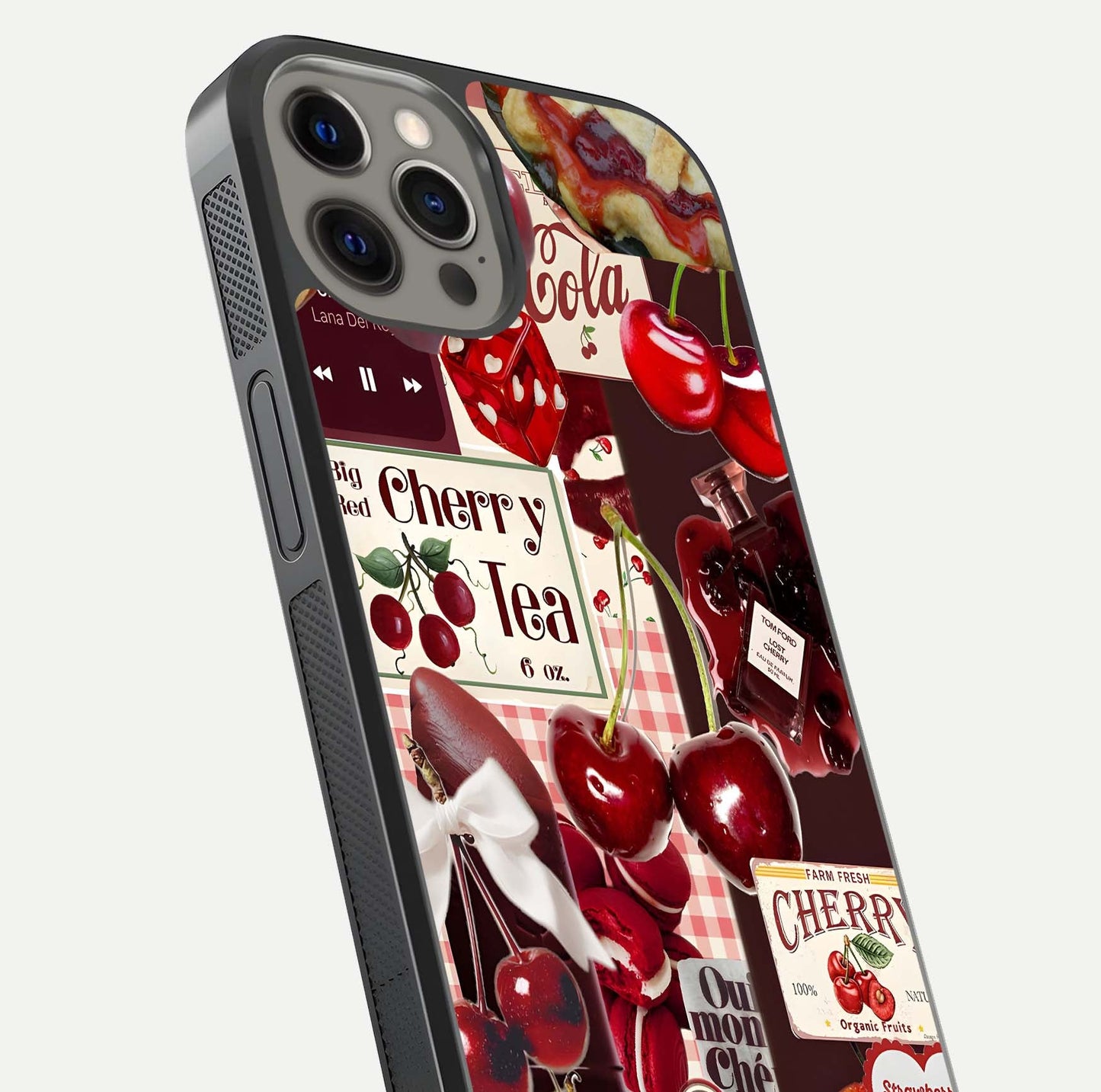 Aesthetic Cherry Tea Glass Case for iPhone 12 Pro Max close-up angled shot showing detailed cherry artwork, red tones, and gloss reflection