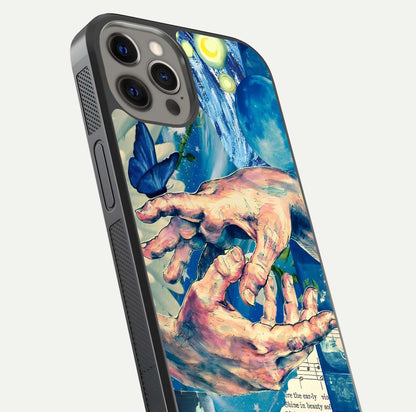 Aesthetic Divider Glass Case for iPhone 12 Pro Max close-up angled shot showing detailed divider artwork and gloss reflection