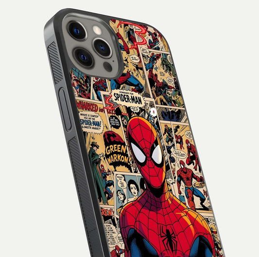 Aesthetic Spider Man Glass Case for iPhone 12 Pro Max close-up angled shot showing detailed Spider-Man artwork and gloss reflection