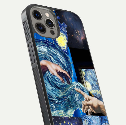 Aesthetic Vando Hands Glass Case for iPhone 12 Pro Max close-up angle showing fine detailing of hand artwork and glass reflection