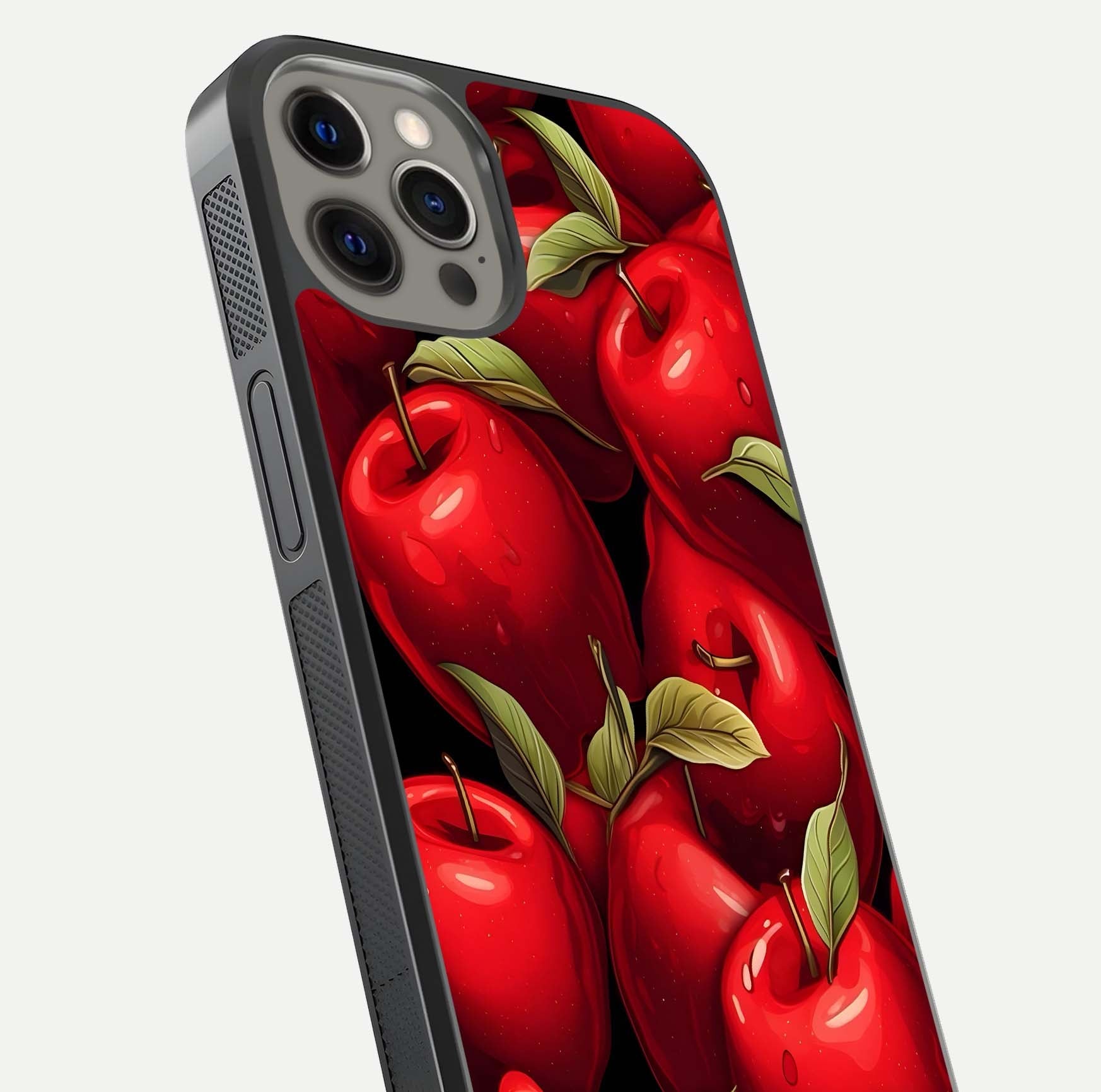 Apple Pattern Glass Case for iPhone 12 Pro Max close-up angle showing pattern texture and shine reflection