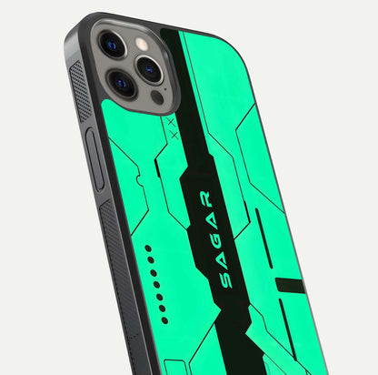 Aqua Tech CYBERPUNK Custom Name Glass Case for iPhone 12 Pro Max close-up angle showing futuristic blue lights and reflections