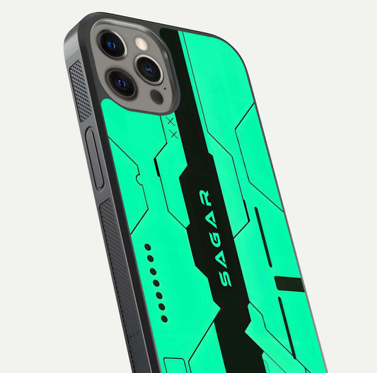 Aqua Tech CYBERPUNK Custom Name Glass Case for iPhone 12 Pro Max close-up angle showing futuristic blue lights and reflections