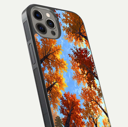 Autumn Sky Rise Glass Case for iPhone 12 Pro Max close-up shot of autumn tone details and HD shine reflection