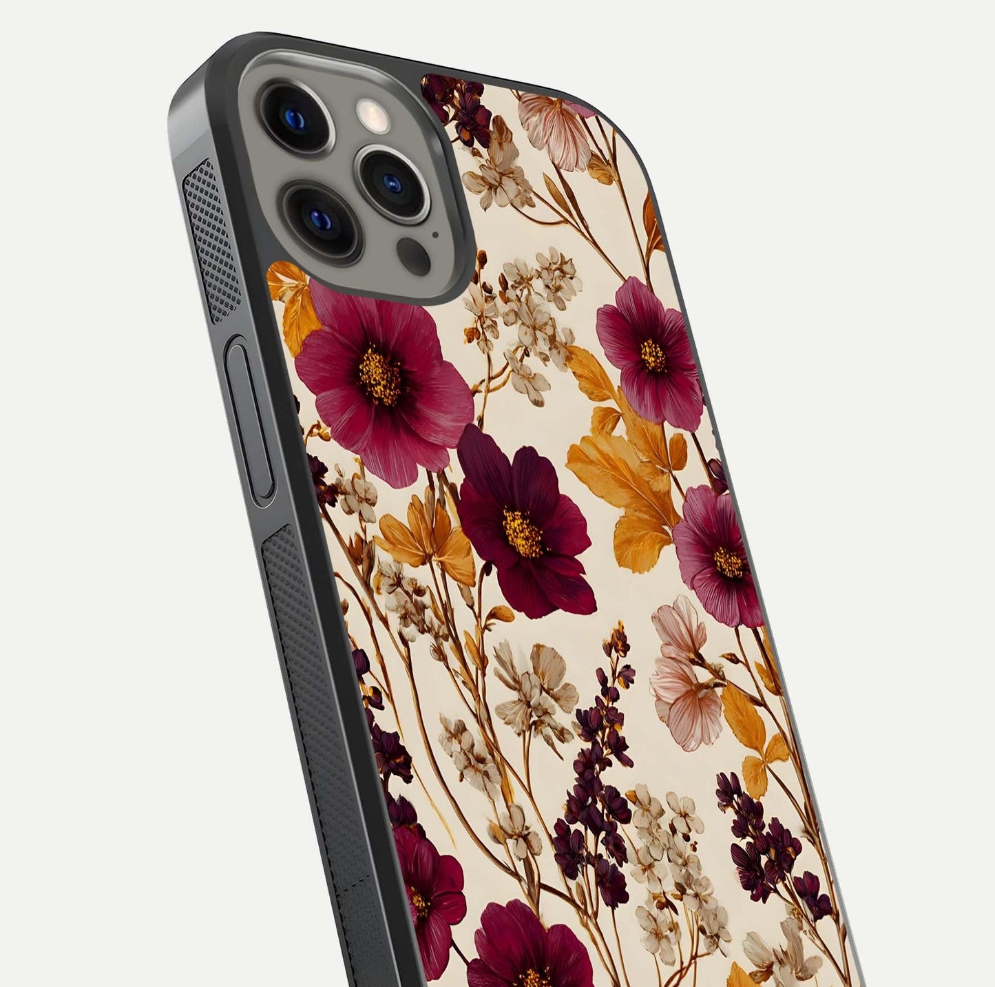Autumn Wine Bloom Glass Case for iPhone 12 Pro Max close-up highlighting petal detail and gloss reflection
