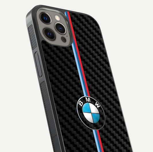 BMW Pattern Glass Case for iPhone 12 Pro Max close-up angle showing BMW logo detailing and high-reflect gloss texture