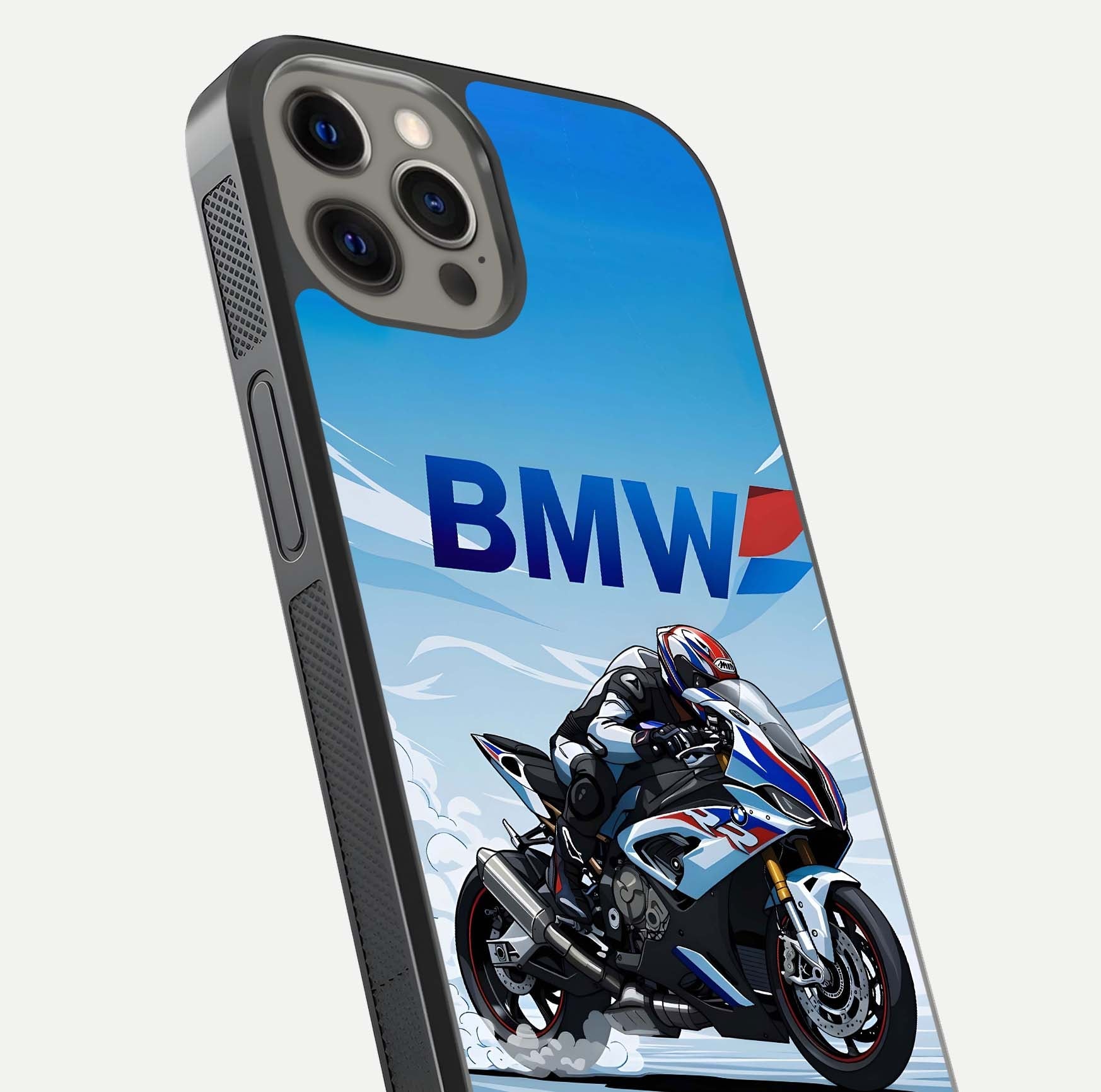 BMW Power Drift Glass Case for iPhone 12 Pro Max close-up view highlighting motion streaks and gloss shine
