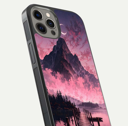Beautyful Mountain View Glass Case for iPhone 12 Pro Max close-up angle highlighting landscape details and shine