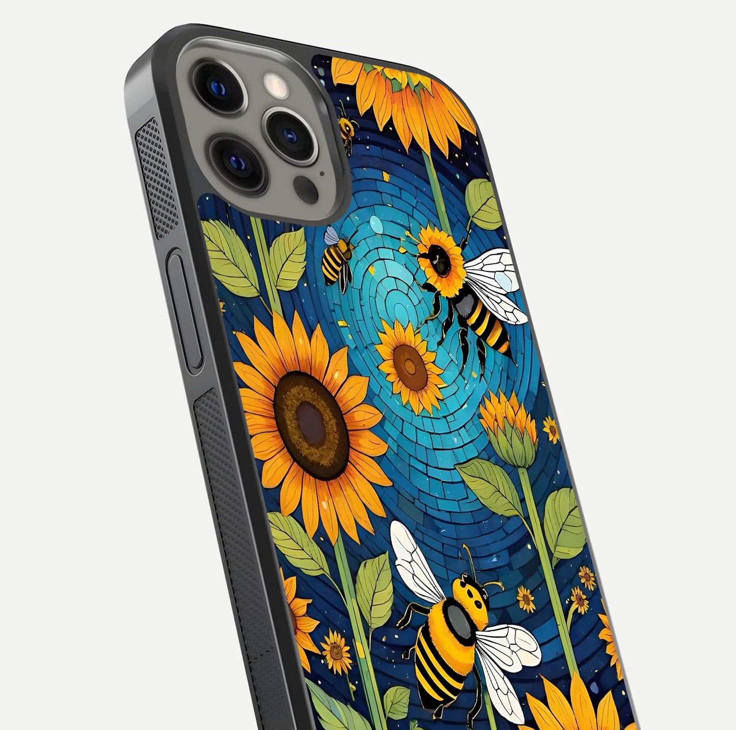 Bees & Sunflowers Glass Case for iPhone 12 Pro Max close-up angled shot showing detailed petals, bee prints, and glass reflection