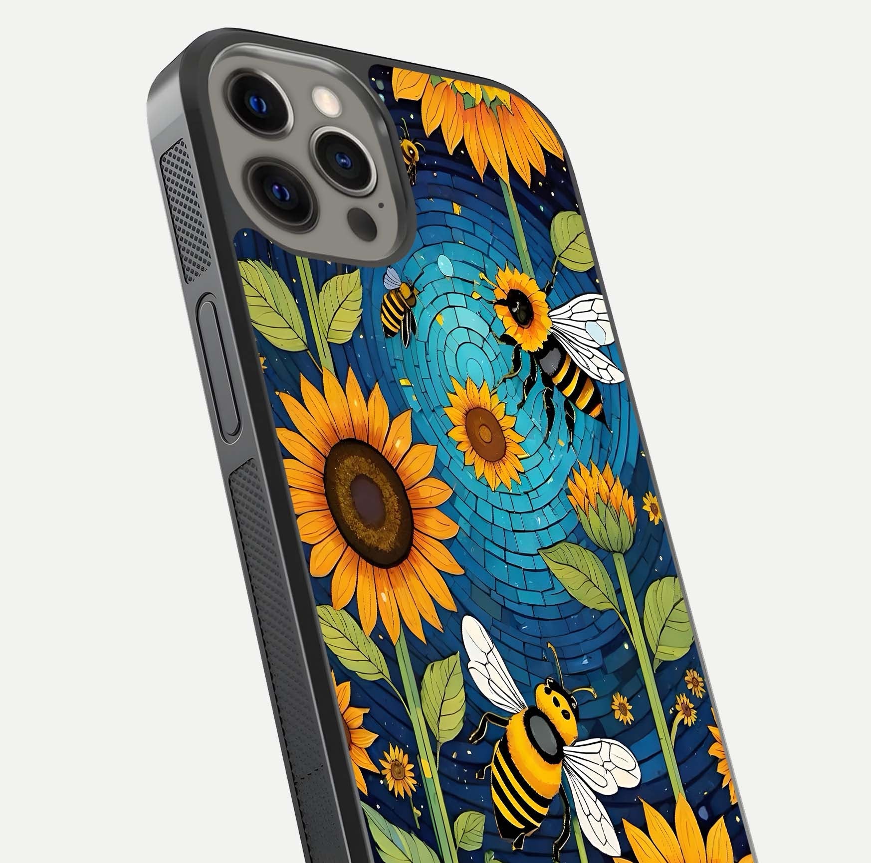 Bees & Sunflowers Glass Case for iPhone 12 Pro Max close-up angled shot showing detailed petals, bee prints, and glass reflection