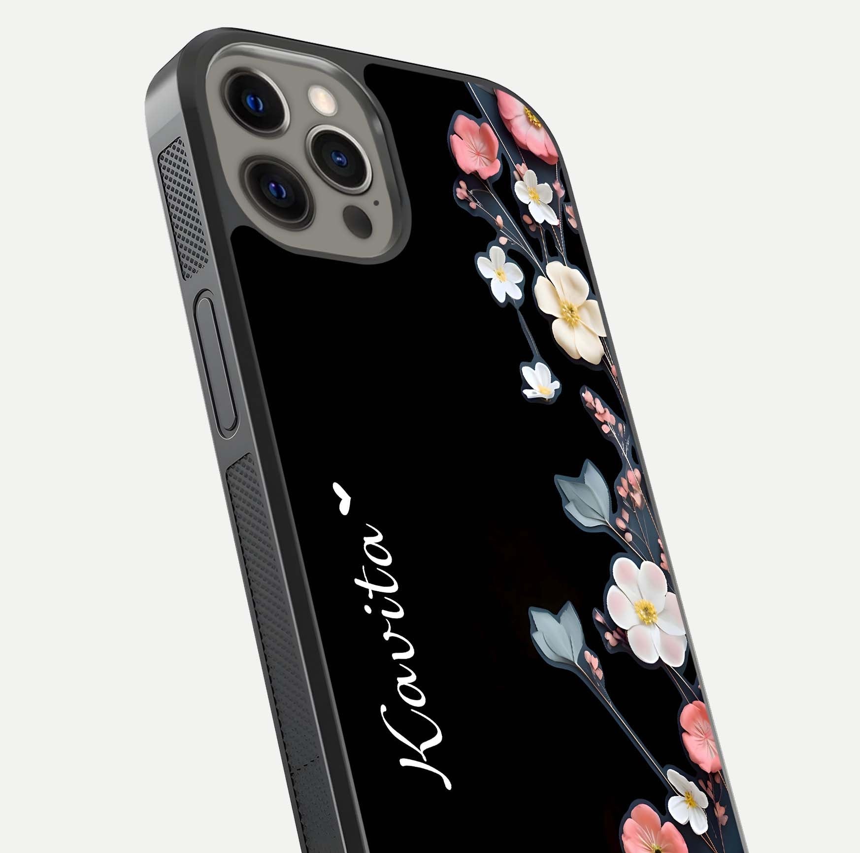 Black Elegance Floral Custom Name Glass Case for iPhone 12 Pro Max close-up shot showing rose detailing and elegant reflection