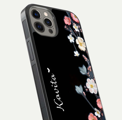 Black Elegance Floral Custom Name Glass Case for iPhone 12 Pro Max close-up shot showing rose detailing and elegant reflection