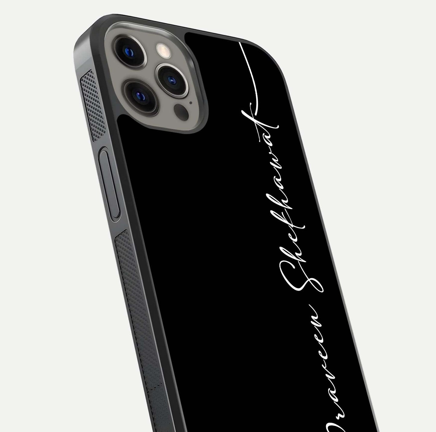 Black Tune Custom Name Glass Case for iPhone 12 Pro Max close-up shot highlighting sleek monochrome design and reflection