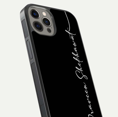 Black Tune Custom Name Glass Case for iPhone 12 Pro Max close-up shot highlighting sleek monochrome design and reflection