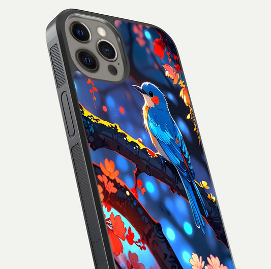 Blooming Spendor Bird Glass Case for iPhone 12 Pro Max close-up shot highlighting bird design details and glossy shine