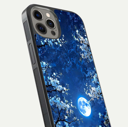 Blossom Moonlight Sky Glass Case for iPhone 12 Pro Max close-up angle capturing moon glow and flower detail reflections