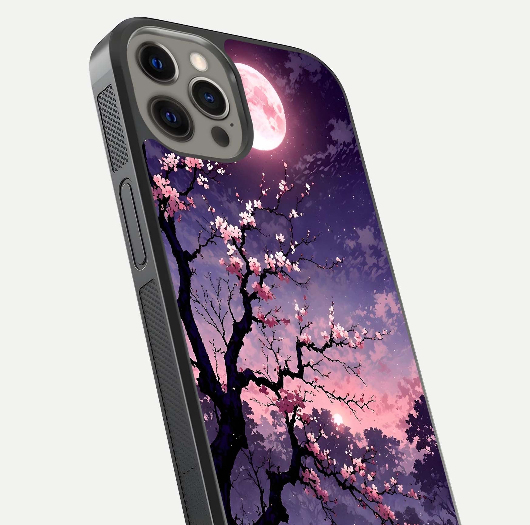 Blossom Pink Moon Glass Case for iPhone 12 Pro Max close-up shot showing pink tones, moon highlight, and reflection gloss