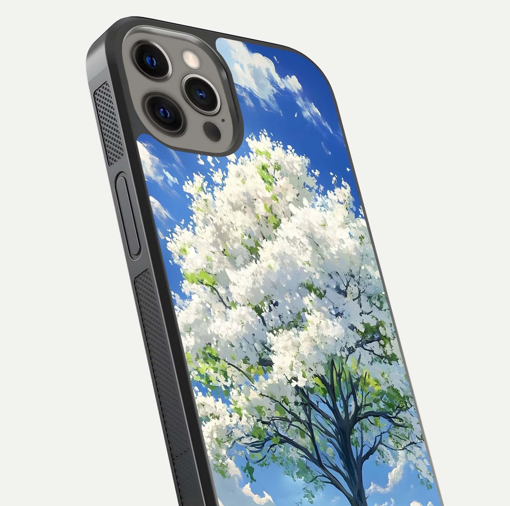 Blossom Sky Serenity Glass Case for iPhone 12 Pro Max close-up highlighting calming flower details and reflection gloss