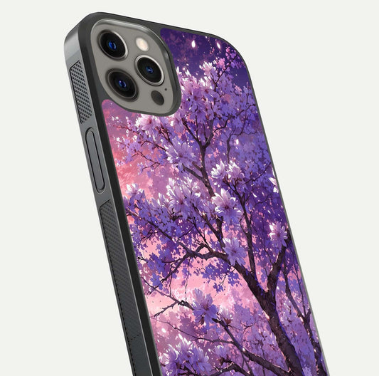 Blossom Tree Glass Case for iPhone 12 Pro Max close-up image highlighting tree branches, blossoms, and shine