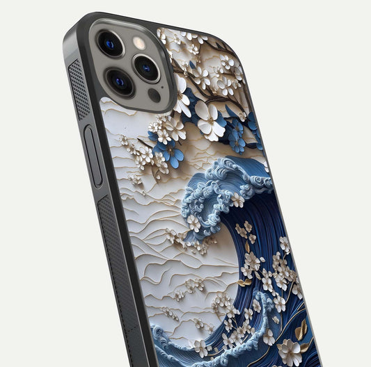Blossom Wave Art Glass Case for iPhone 12 Pro Max close-up shot highlighting wave motion in floral art and reflection
