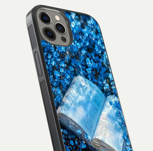 Blue Bloom Tales Glass Case for iPhone 12 Pro Max close-up angle showing petal texture and blue tone reflection