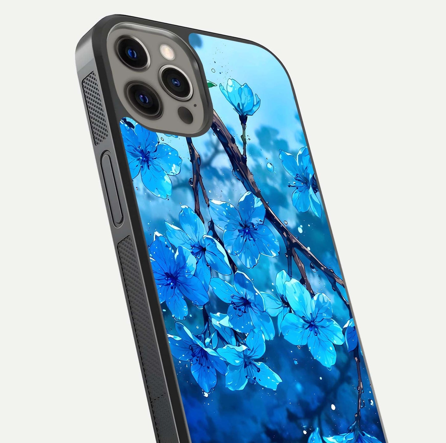 Blue Blossoms Branch Glass Case for iPhone 12 Pro Max close-up angle highlighting petal details and reflection gloss