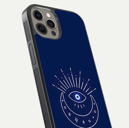Blue Evil Eye Glass Case for iPhone 12 Pro Max close-up shot highlighting eye motif, protection symbol, and glass shine