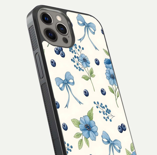Blue Flower & Bow Glass Case for iPhone 12 Pro Max close-up shot highlighting ribbon detail and flower gloss finish