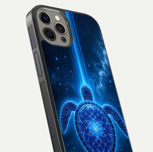 Blue Galaxy Turtle Glass Case for iPhone 12 Pro Max close-up image showing turtle shell detail and glowing galaxy tones